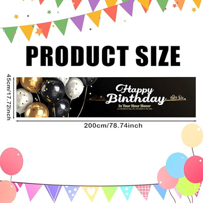 Nuxovilar Happy Birthday Banner Decorations 17.72x78.74 Inch Black Gold Balloon Theme - Polyester for Indoor Outdoor Birthday Party Decor