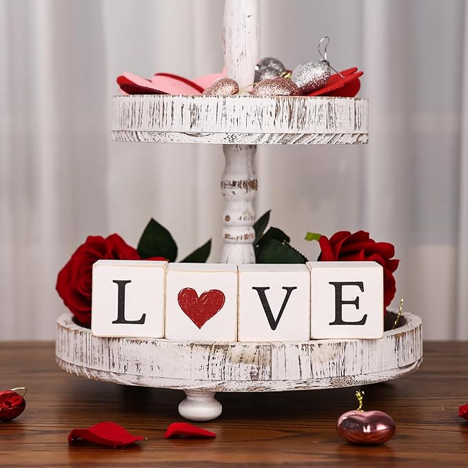 4pcs Reversible Valentines Day St. Patrick's Day Decorations Rustic Love Luck Wooden Blocks Tiered Tray Decor Love Sign Tabletop Centerpieces for Anniversary Home Mantle Shelf Party Supplies