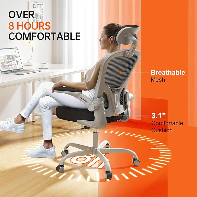Synorla Office Chair Ergonomic Desk Chair, 330LBS Capacity, High Back Computer Design for Long Hours Comfort, Rolling Swivel for Home Office, Flip-up Armrests（Grey Black）