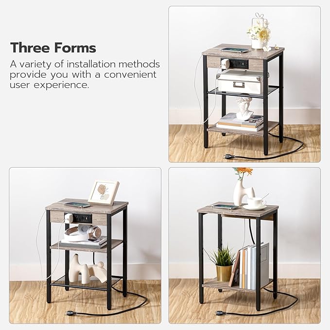 HOOBRO Side Table with Charging Station and USB Port, Small End Table for Small Space, 3-Tier Nightstand with Adjustable Shelf, for Living Room, Bedroom and Balcony, Greige BG112BZ01