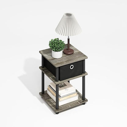 Furinno Turn-N-Tube 3-Tier End Table with Storage Bin, Grey Oak/Black/Black