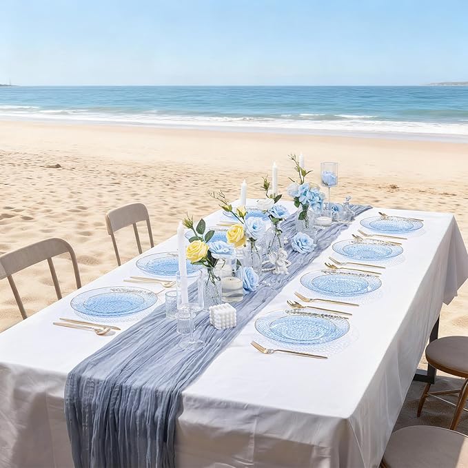 SUT 100Pcs Blue Plastic Plates, Hammered Plates Disposable Heavy Duty, Blue Disposable Plates With Gold Rim, Fancy Plastic plates Include 50 Dinner and 50 Dessert plates for Wedding