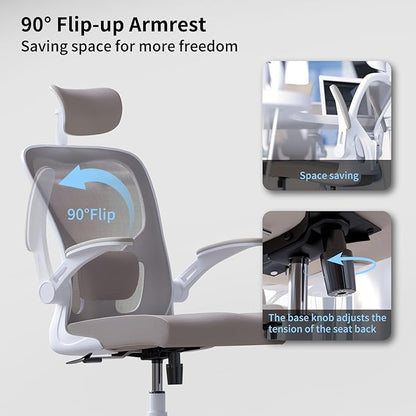 Monhey Office Chair Ergonomic Desk Chair with Lumbar Support&Headrest&Flip-up Arms Height Adjustable Rocking Swivel Computer Chair Multi-Angle from 90° to 125° with 350LBS Capacity (02White+Khaki)