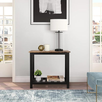Narrow Side Table Rectangular End Tables with Storage Shelf Small Industrial Nightstands Bedside Table for Small Spaces Living Room Bedroom Bathroom Brown Smooth Tabletop and Black Legs