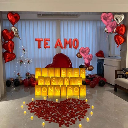 ¿Quieres casarte conmigo? Lighted Letters Sign 17pcs Luminary Paper Bags 2200pcs Red Pink Artificial Rose Petals 48pcs Flameless LED Candle Tealight 15pcs Heart Balloons Romantic Night Valentine's Day