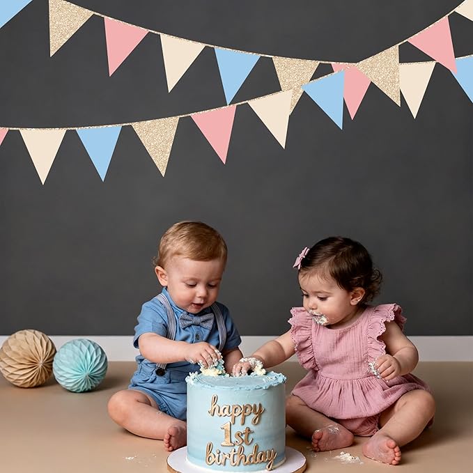 Dusty Rose Pink and Blue Beige Champagne Gold Party Decorations Pennant Banner Flag Hanging Paper Triangle Bunting for Retro Gender Reveal Baby Shower Birthday Bridal Shower Wedding Party Supplies