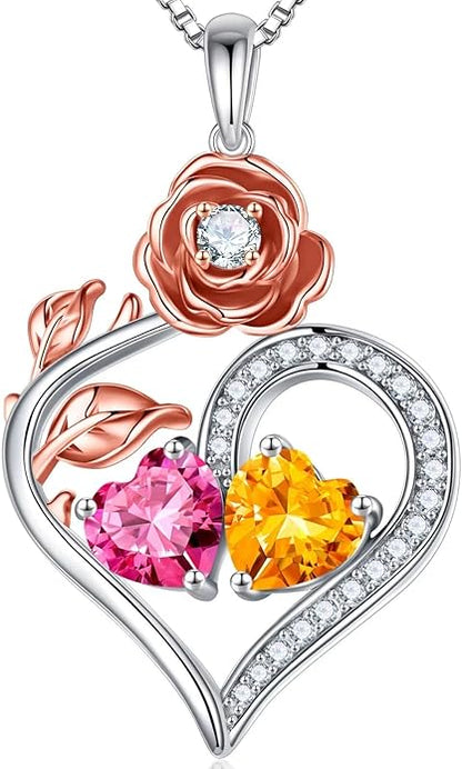 Iefil Rose Heart Birthstone Necklaces for Women - 925 Sterling Silver Double Birthstone Necklace, Anniversary Birthday Gifts for Women, Jewelry Gifts for Wife Her
