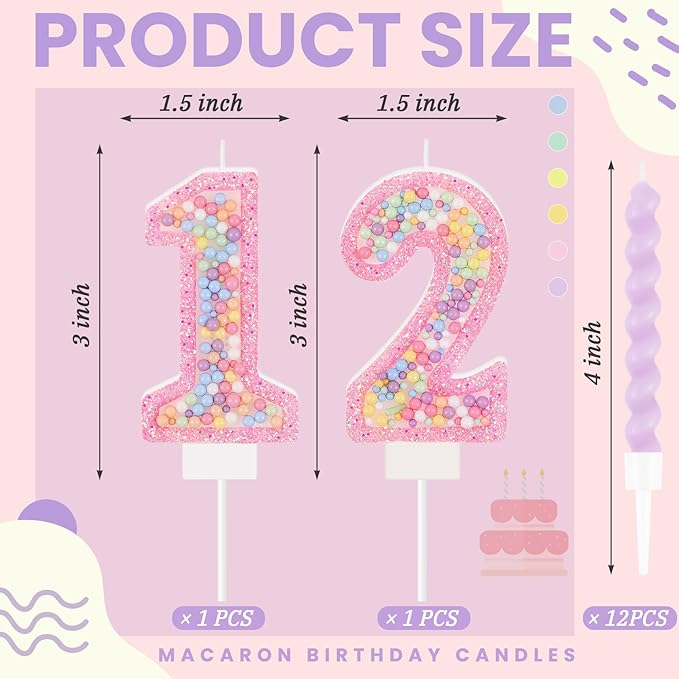 MTLEE Number 12 Birthday Candle with 12 Pcs Spiral Candles for Girls Macaron Pastel Rainbow Unicorn Pink Cake Topper for Sweet Theme Party Decoration