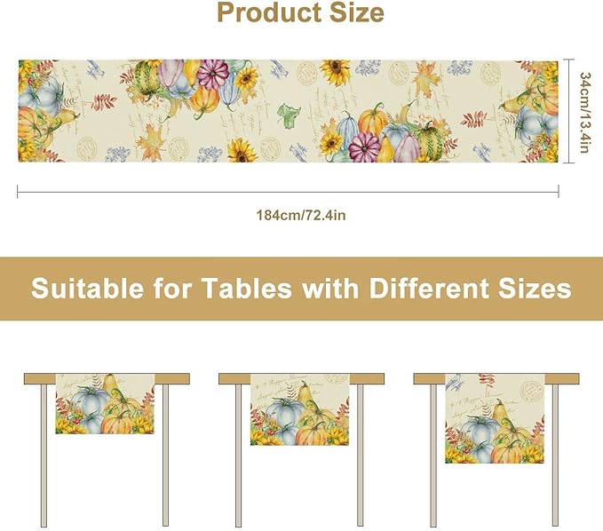Fall Table Runner Watercolor Pumpkins Sunflowers Maple Leaves Baroque Floral Birds Country Thanksgiving Home Decor for Farmhouse Indoor Outdoor Party Holiday Dining Kitchen Restaurant Cafe W13xL108in