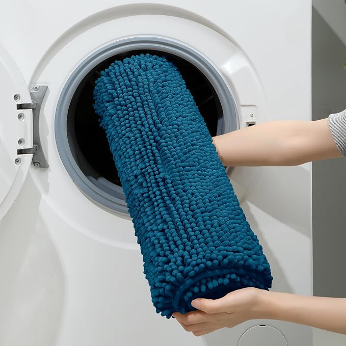 HOMEIDEAS 3 Pieces Bathroom Rugs, Extra Large Ultra Soft Non Slip Absorbent Chenille Toilet Bath Mat Set (Atlantic Blue)