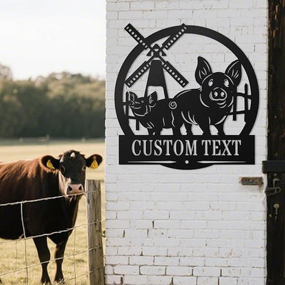 Custom Sign with Pig & Windmill - Custom Metal Sign, Pig Farm Sign, Rustic Pig Pens Farmhouse Decor Outdoor Decor, Gift for Mother's Day, Mom, Farmers, Grandma, Animal Lovers, Garden or Barn Decor