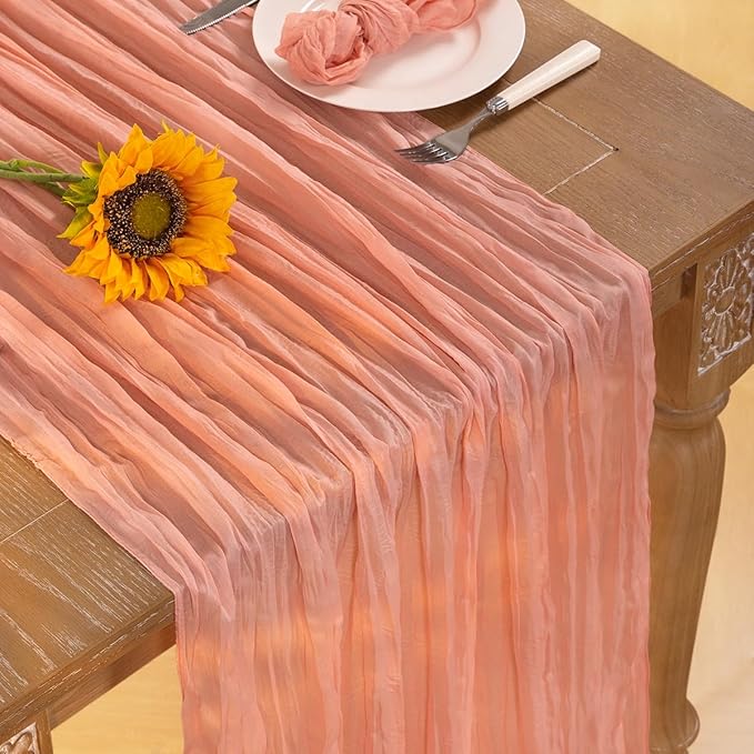Coral Pink Cheesecloth Table Runner Christmas Table Runner Boho Gauze 120 Inches Coral Cheese Cloth Table Decor for Xmas Holiday Season Parties Wedding Bridal Baby Shower