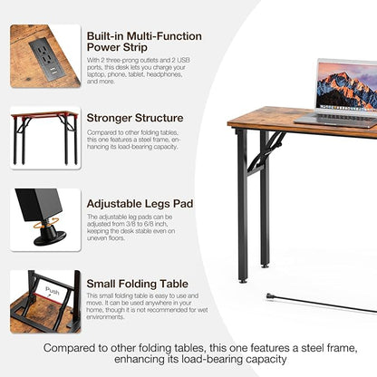 TEMI Small Computer Desk Folding Table - No Assembly, Compact 35.8" Foldable Desk with Power Outlets & USB Charging Port, Portable Small Office Desk, Ideal Mini Study Table for Narrow Spaces, Brown