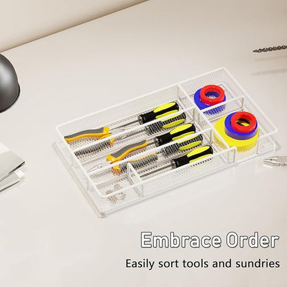 Desk Drawer Organizer Tray, Mesh Desk & Office Drawer Organizer, Suitable for Tools, Pencils & Office Supplies Storage (White)