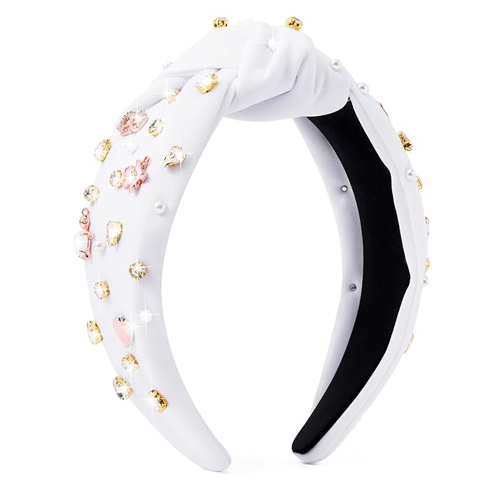 PANTIDE Heart Jeweled Knotted Headband - Rose Gold Flower Rhinestone Crystal Embellished Headband Wide Top Knot Fashion Hairband Accessories Birthday Gift for Women Girl (White)