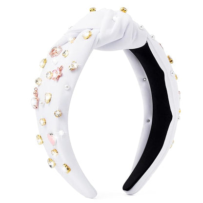 PANTIDE Heart Jeweled Knotted Headband - Rose Gold Flower Rhinestone Crystal Embellished Headband Wide Top Knot Fashion Hairband Accessories Birthday Gift for Women Girl (White)
