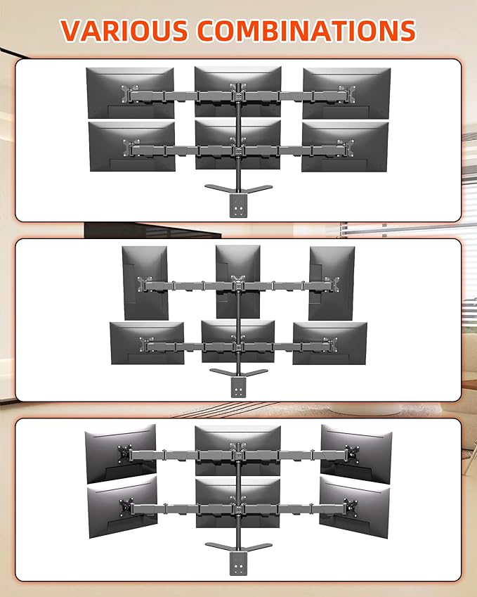 6 Monitor Mount Desk Arm Heavy-Duty Height Adjustable Monitor Stand, Swivel Arm with Clamp-On Base, Six Screen VESA Mount Fits Most LCD/LED Monitors 17-32 in HP6