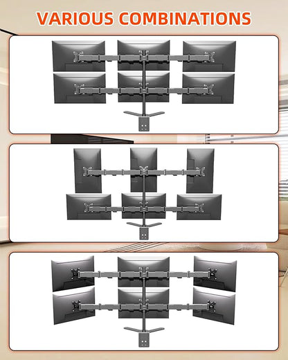 6 Monitor Mount Desk Arm Heavy-Duty Height Adjustable Monitor Stand, Swivel Arm with Clamp-On Base, Six Screen VESA Mount Fits Most LCD/LED Monitors 17-32 in HP6