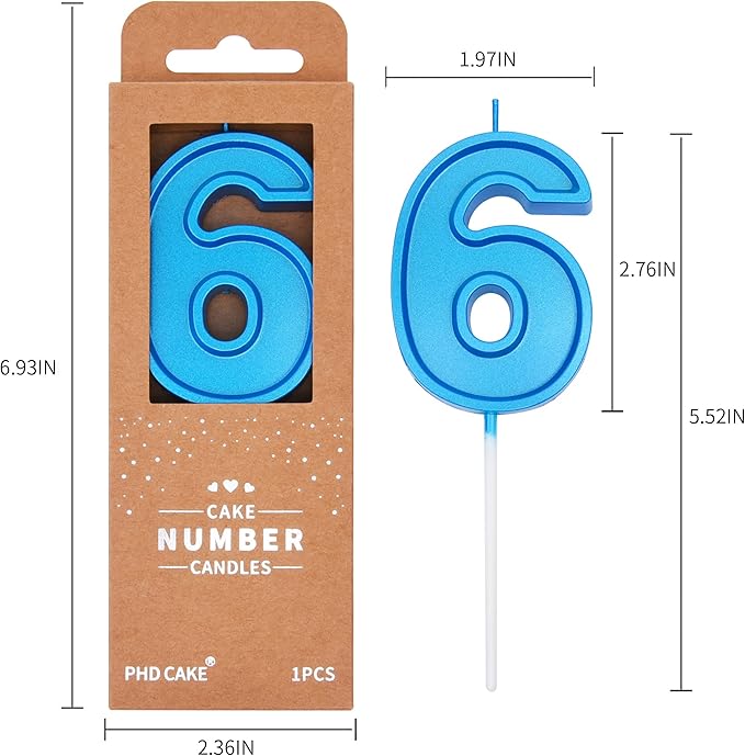 PHD CAKE 2.76 Inch Luxe Blue 6 Number Birthday Candles, Blue Number Candles, Cake Number Candles, Party Celebration
