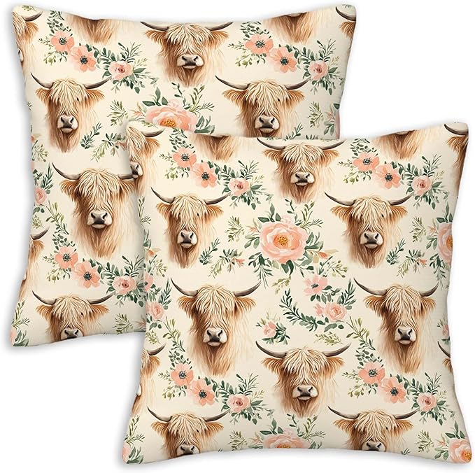 Highland Cow Throw Pillow Covers Set of 2 | 18x18 Inches Cushion Cases for Couch, Sofa, Bedroom and Living Room | Rustic Pillowcases for Home Decoration