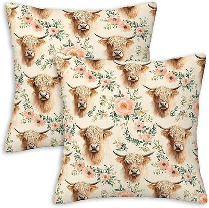 Highland Cow Throw Pillow Covers Set of 2 | 18x18 Inches Cushion Cases for Couch, Sofa, Bedroom and Living Room | Rustic Pillowcases for Home Decoration