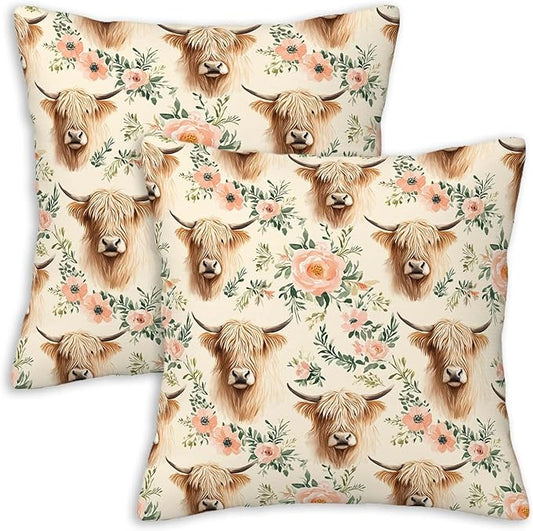 Highland Cow Throw Pillow Covers Set of 2 | 18x18 Inches Cushion Cases for Couch, Sofa, Bedroom and Living Room | Rustic Pillowcases for Home Decoration