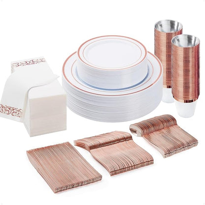 BESTVIP 175PCS Rose Gold Disposable Dinnerware Set for 25 Guests, Plastic Plates for Party, Wedding, Christmas, Halloween, Include: 50 Plastic Plates, 25 Rose Gold Silverware, 25 Cups, 25 Napkins