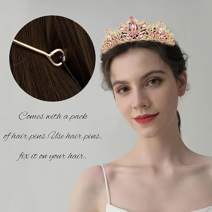 Pink Tiara for Women Gold Crown for Girls Wedding Princess Birthday Crystal Rhinestones Headbands for Prom Bridal Party Halloween Costume Christmas Gift