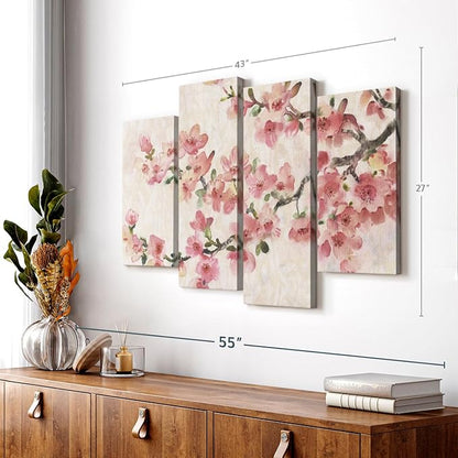 Elephant Stock Cherry Blossom Composition I Wall Art - Horizontal Canvas - 4-Piece Living Room Wall Decor - Branch Painting Canvas Print - Pink and Green Decor for Wall by Tim O'Toole - 43" X 27"
