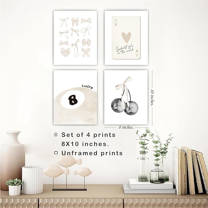 okaxscm Beige Coquette Trendy Preppy Wall Art Prints Set of 4, Coquette Room Decor, Preppy Room Decor Aesthetic, Beige Bow Disco 8 Ball Cherry Wall Decor Posters for Girls Bedroom Dorm, 8x10 Unframed