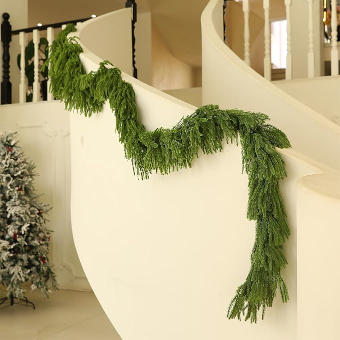 9FT Christmas Garland Artificial Norfolk Pine Garland，Handmade Real Touch Winter Greenery Faux Pine Needles Garland for Home Table Mantle Fireplace Indoor Outdoor Christmas Decor