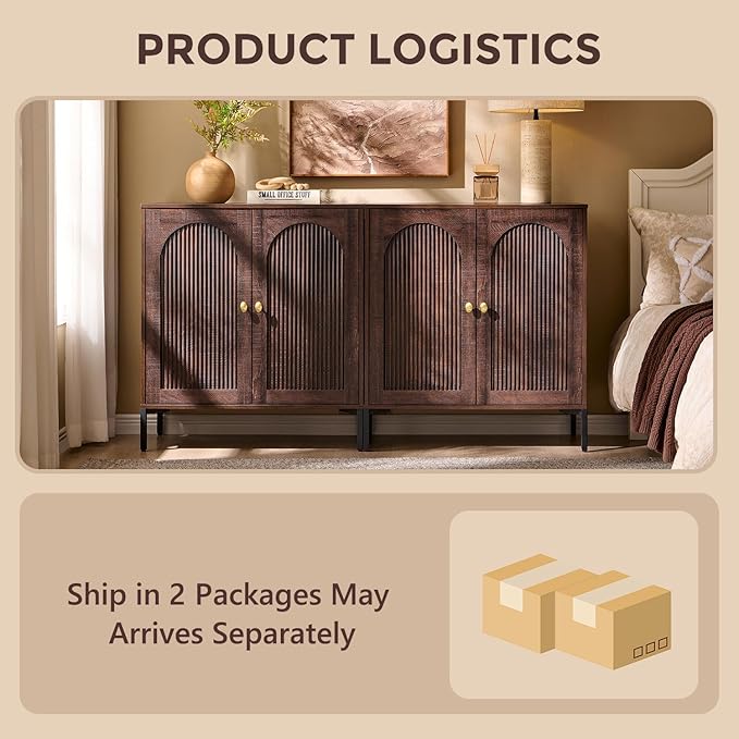 Modern Buffet Cabinet with Storage, 61.75" W Fluted Arched Sideboard Cabinet w/Adjustable Shelves, Wooden Modular Coffee Bar for Dining Room, Kitchen, Living Room, Entryway, Brown