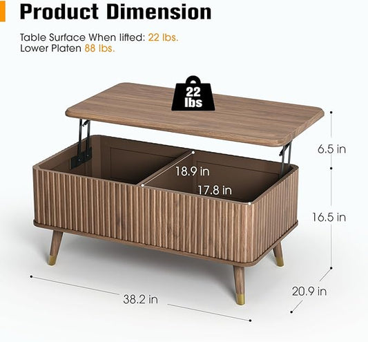 Lift Top Coffee Table with Storage, Mid Century Modern Fluted Wood Design,Pop-Up Walnut Center Table with Hidden Compartment for Living Room & Home Office Work/Dining