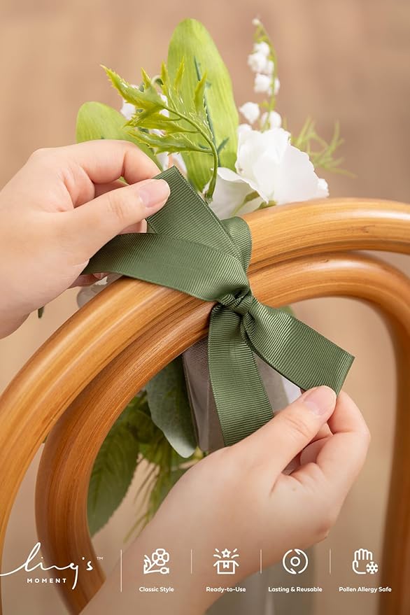 Ling's moment 8 Wedding Artificial Aisle Pew Flowers Chair Decorations Arrangements with Chiffon Ribbons Lily White for Ceremony Reception Chair Back Floral Decor Reception Church Party Outdoor