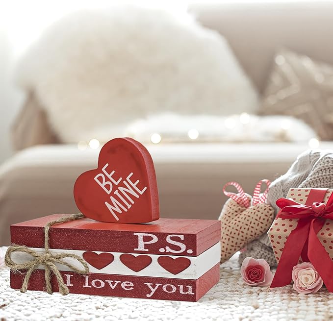 Smile Valentine's Day Wooden Book Decor, Be Mine, I Love You, Heart - Themed Shelf Signs, Valentine Indoor Decoration