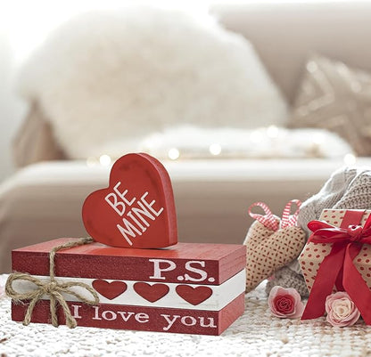 Smile Valentine's Day Wooden Book Decor, Be Mine, I Love You, Heart - Themed Shelf Signs, Valentine Indoor Decoration