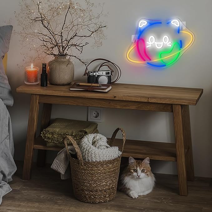 Lucunstar Planet Cat Neon Sign Cute Neon Light Signs for Wall Decor Cat LED Lights USB Connectivity Adjustable Brightness Earth Decor for Home Wall Bedroom Pet Shop Gifts for Geography Lover