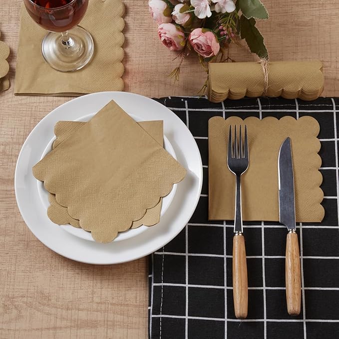 200 Pack Cocktail Napkin 2-Ply Scalloped Edged Dessert Napkins Folded 5 x 5 Inches Disposable Napkins for Dinner Wedding Birthday Party Bridal Anniversary Reception Event (Brown)