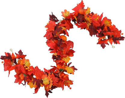 Artificial Fall Garland with Maple Leaves, Pumpkins & Berries – 7Fft Orange Autumn Garland for Thanksgiving, Fireplace Mantel, Doorway & Fall Harvest Table Decor