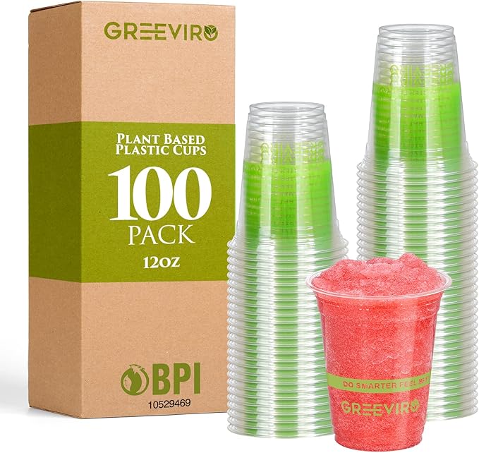 Eco Compostable Plant-Based Clear Plastic Cups 12oz Thick, Reusable, Disposable Iced Coffee Cups for Smoothies, Beer & Any Beverages for Parties, Weddings & Gatherings
