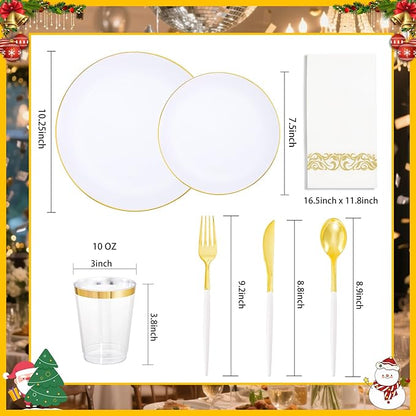 Supernal 350pcs Gold Plastic Dinnerware Set for 50 Guests,Fancy Disposable Plates for Party,Gold Plastic Silverware with White Handle,Disposable White Plates Wedding,Birthday