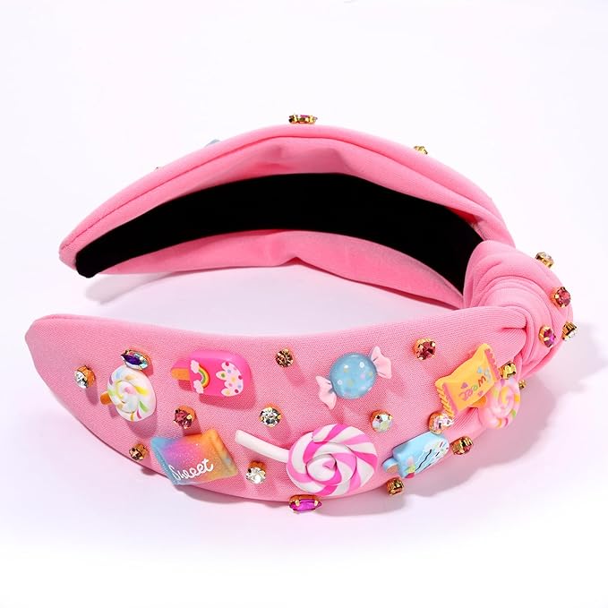 Knotted Headband for Women Lollipop Candy Charms Crystal Jeweled Embellished Top Knot Hairband Statement Wide Turban Hair Hoop Funny Gifts for Girls Sister Birthday Xmas Holiday Party