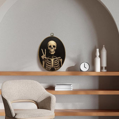 CUANFDDSF Funny Gothic Skeleton Oval Wall Art Decor, Gothic Moody Wall Hanging Decor, Spooky Dark Academia Skeleton Framed Canvas Prints for Home Bedroom Living Room, 8.6x11.4 Inch