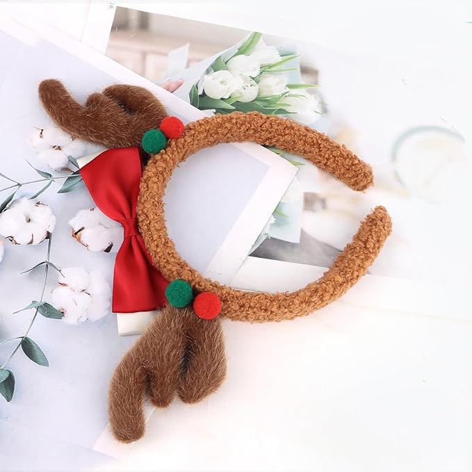 Christmas Antlers Headband Cute Brown Reindeer Ears Antlers Red Bow Headband for Women Girls Christmas Holiday Hair Accessories for Xmas Party Supplies Halloween Cosplay
