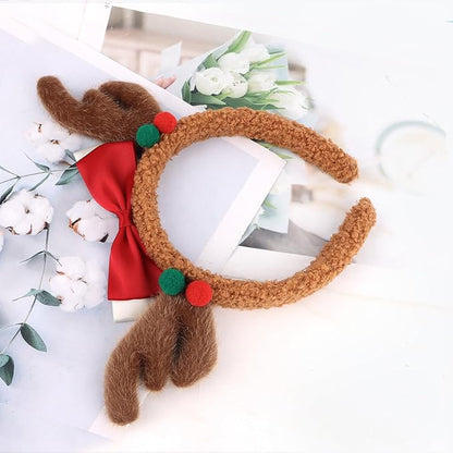 Christmas Antlers Headband Cute Brown Reindeer Ears Antlers Red Bow Headband for Women Girls Christmas Holiday Hair Accessories for Xmas Party Supplies Halloween Cosplay