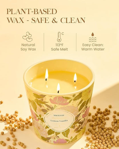 M&SENSE Lemon Vanilla Scented Candle, 28.2oz 3 Wick Natural Soy Wax Large Candles, Long Lasting Clean Slow Burning No Toxic Décor for Home Relaxation, Romantic Dates & Gift-Giving