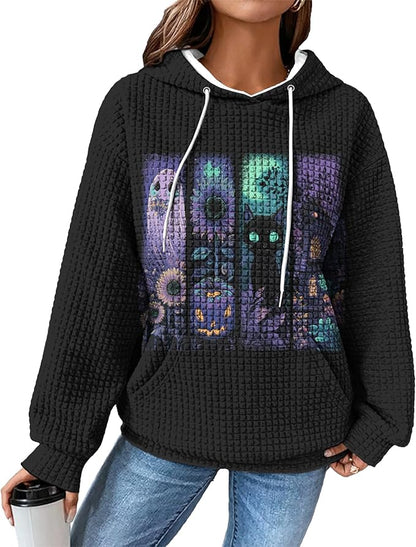 Halloween Sweatshirts for Women Novelty Graphic Drawstring Waffle Hoodies Loose Casual Pullover Tops with Pocket