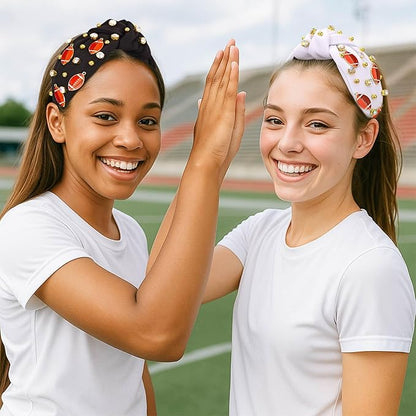 Football Headband for Women, Rhinestone Wide Jeweled Fashion Knotted Hairband for Game Day, Football Costume Sports Hair Accessories for Football Mom Cheer Fans Party Gift - White