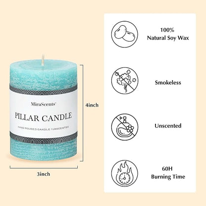 3x4 Inch Turquoise Pillar Candles Set of 3 - Unscented Candles, Long Clean Burning, Large Big Candles, Smokeless Dripless Pillar Candles for Dinner Table, Wedding, Home, Bathroom, Rustic Decor