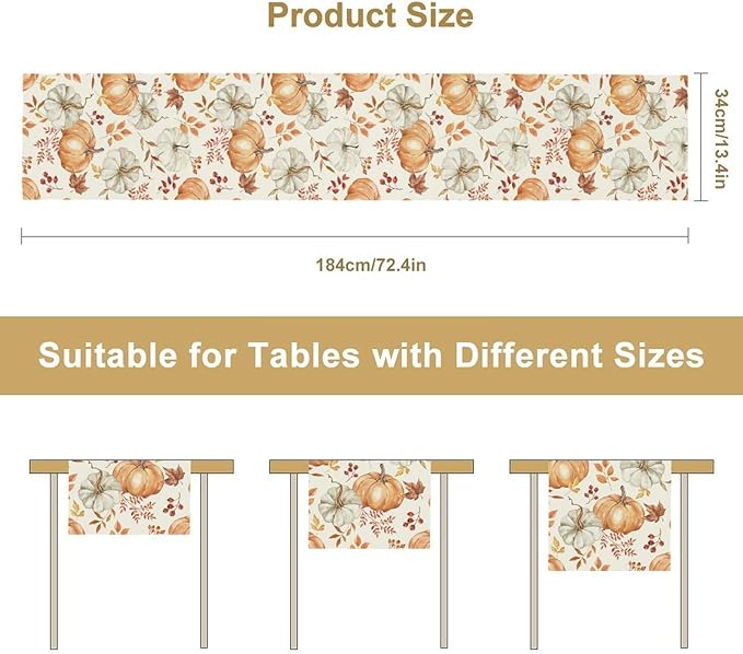 Pumpkin Table Runner Fall Orange White Colorful Leaves Berries Thanksgiving Watercolor Illustration Rustic Decor for Farmhouse Indoor Outdoor Party Holiday Dining Kitchen Restaurant Cafe W13xL108in